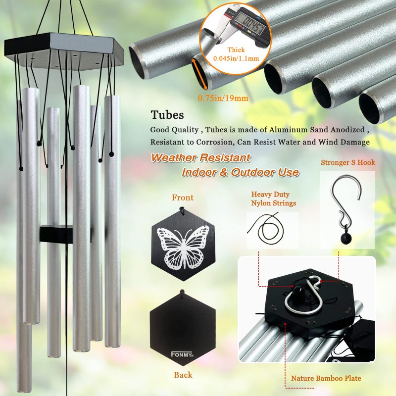 FONMY Wind Chimes Outdoor w/Butterfly Sign Memorial Windchimes Great Wind Chime Gifts Soothing Melodic Tones & Bamboo/Aluminum Chime for Garden Home or Yard-31 Length Silver Chimes Hanging Decor. - Image 3
